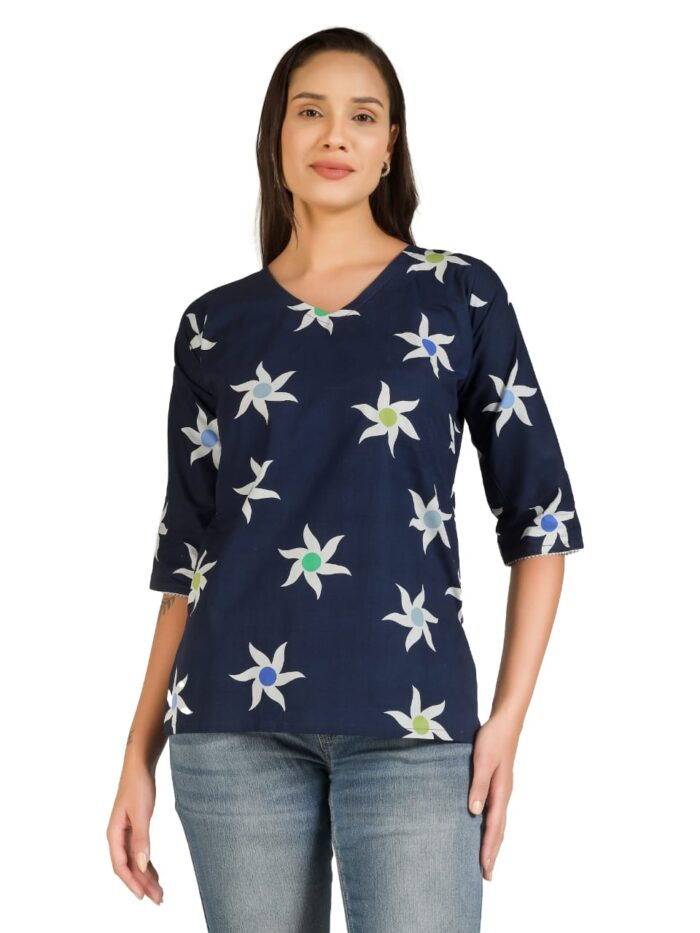 Women’s Navy Blue Pure Cotton Printed Top